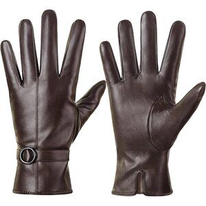 Women's Winter Leather Gloves Texting Warm Driving Lambskin Gloves Brown